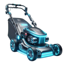 an electric lawn mower with blue lights