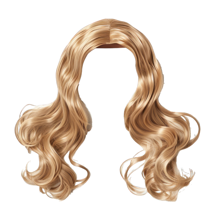 a long blonde ponytail with wavy hair on white background
