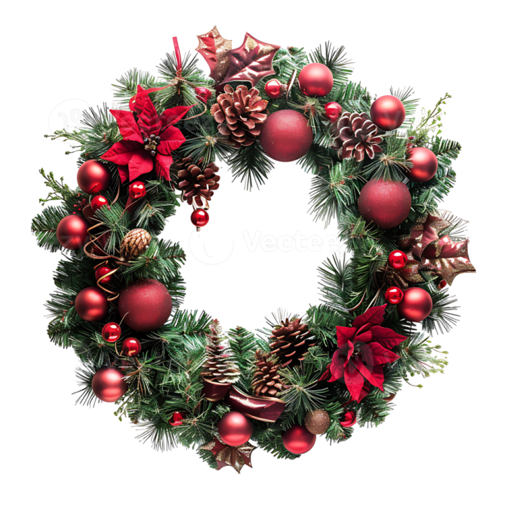 a christmas wreath with red and green decorations