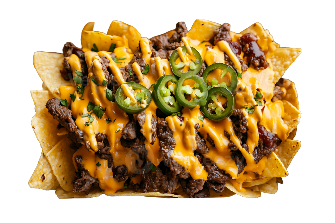 a tray of naitoos with cheese, beef and peppers