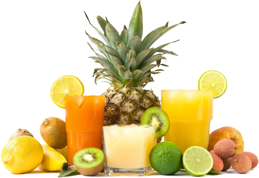 a group of fruit and juices