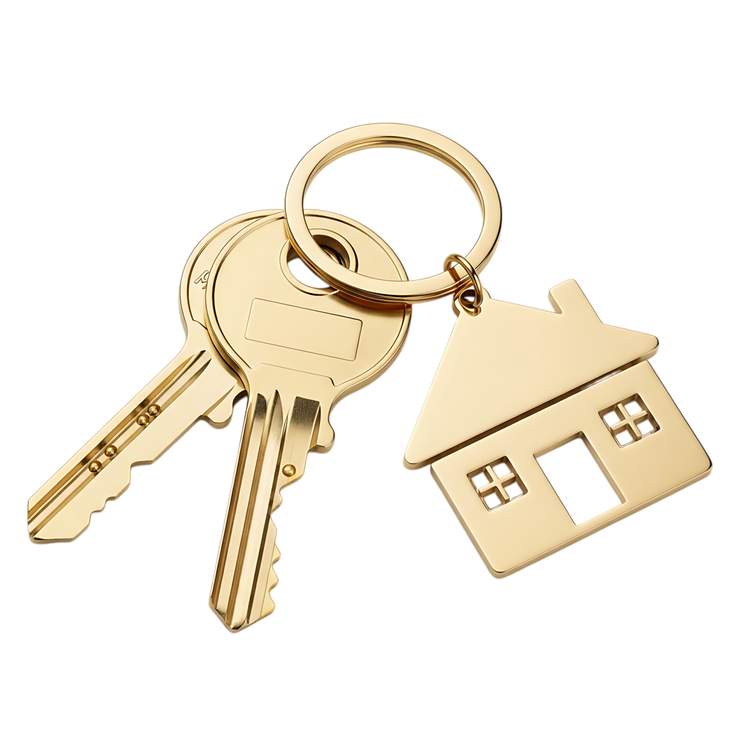 a gold key with a house shaped keychai