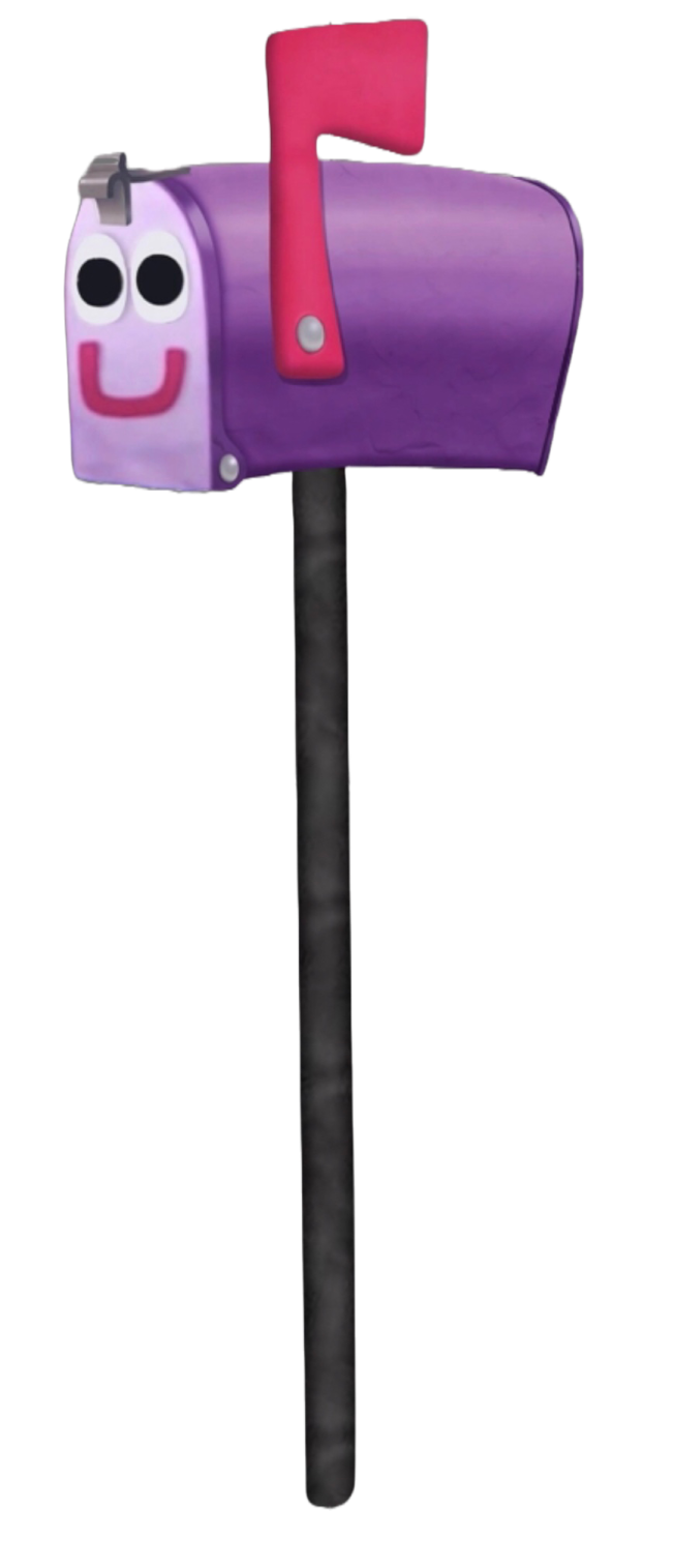 a purple and black mailbox with a smiling face on it