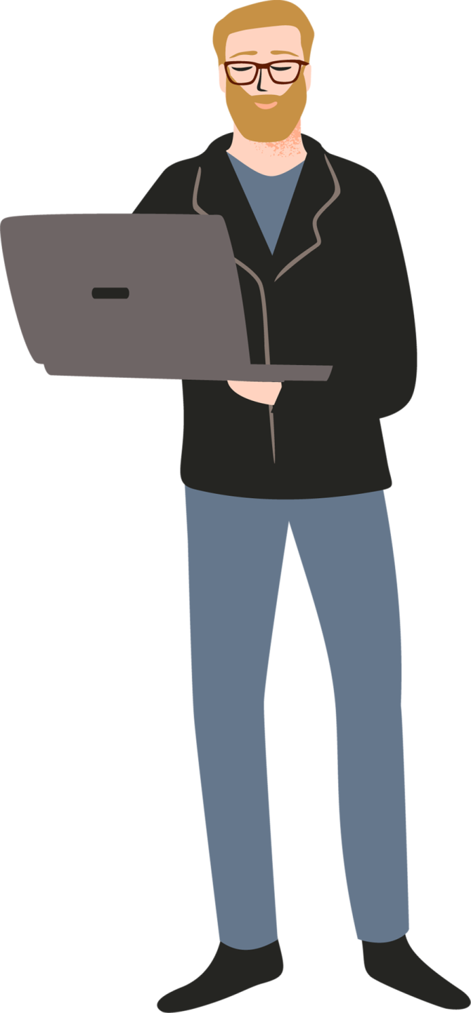 a man with glasses holding a laptop