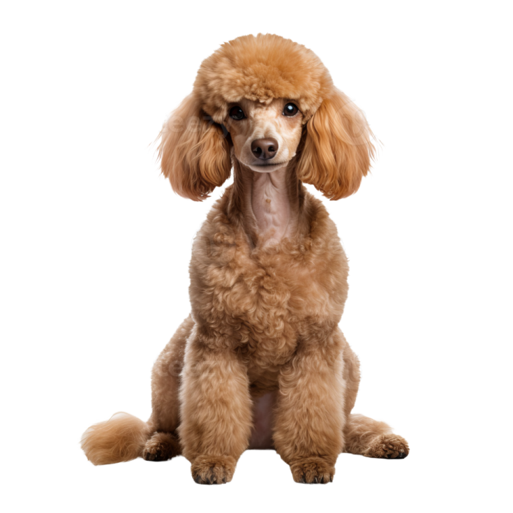 a brown poodle dog sitting on a white background