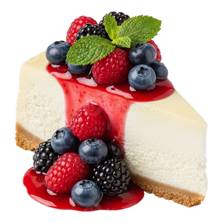 a piece of cheese cake with berries and blueberries