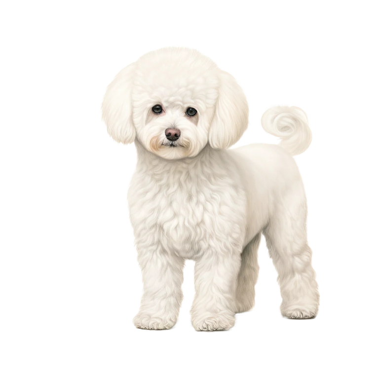 a small white dog standing in front of a white background