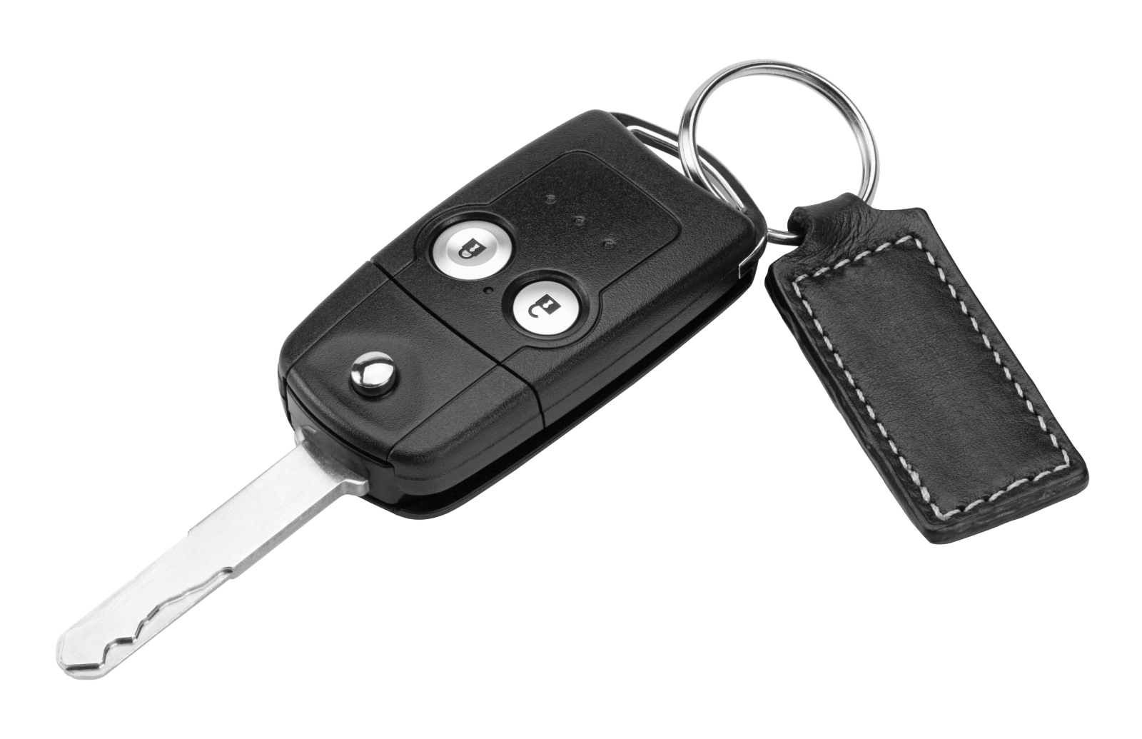 a black leather key case with two keys