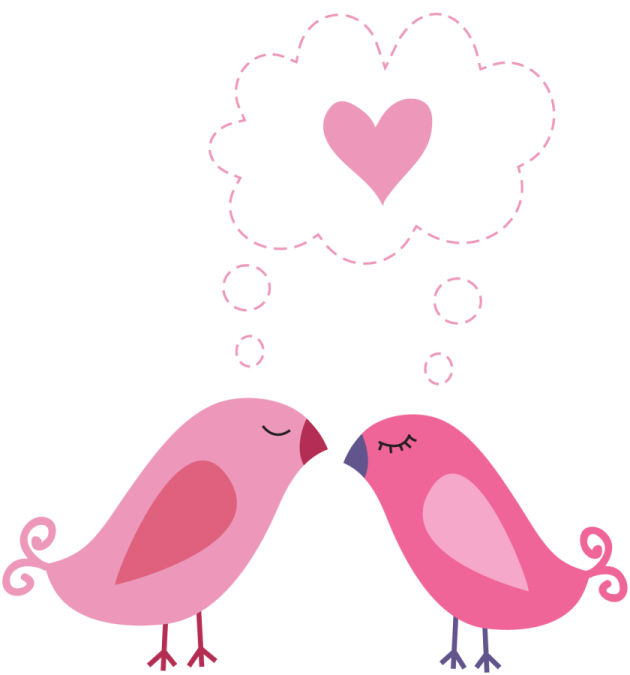 two pink birds kissing with a heart above them