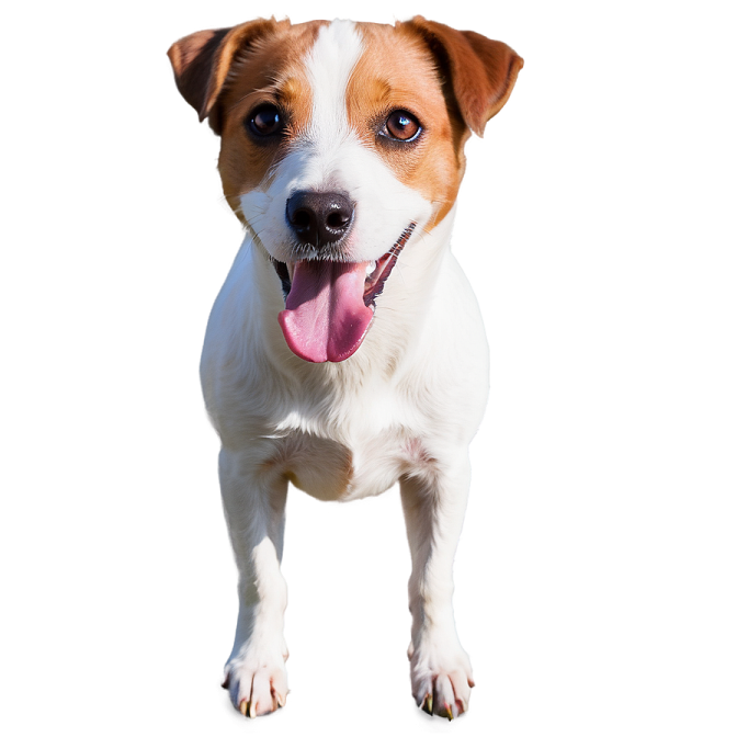 a brown and white dog with its tongue out