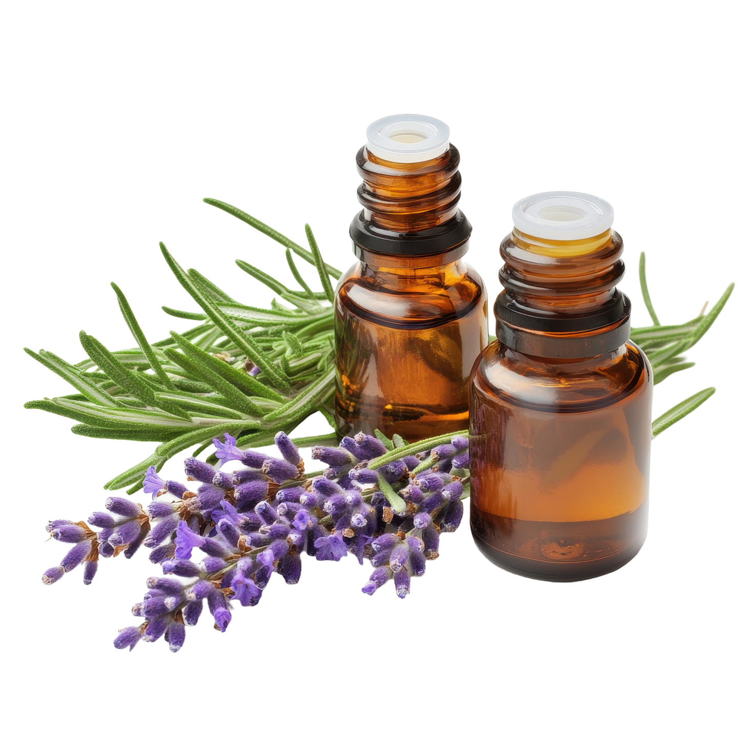 a bottle of lavender essential oil next to some lavender flowers