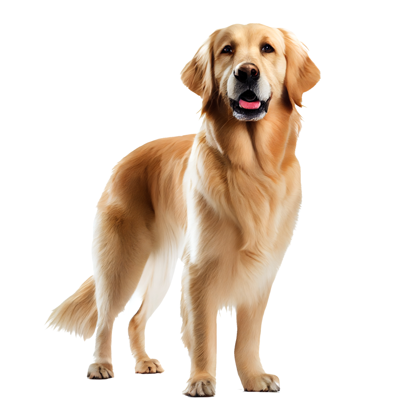 a golden retrieve dog standing in front of a white background