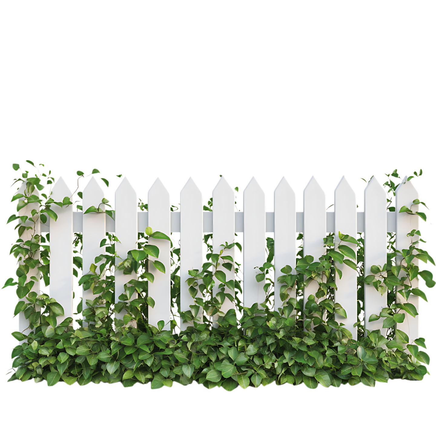 a white picket fence with green plants growing on it