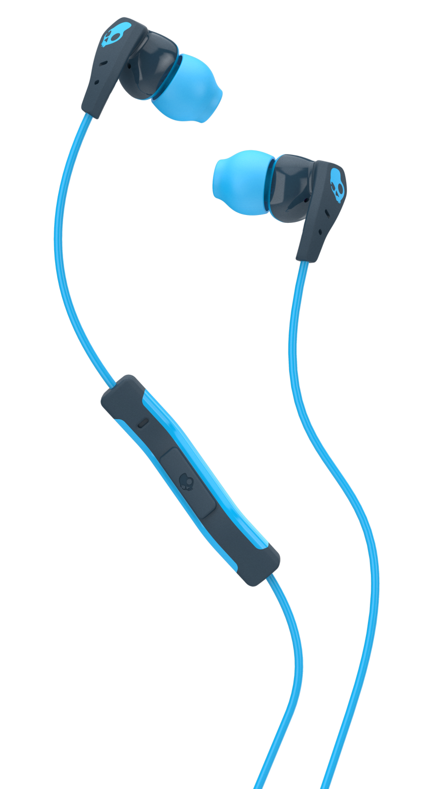 a pair of blue earphones on white background
