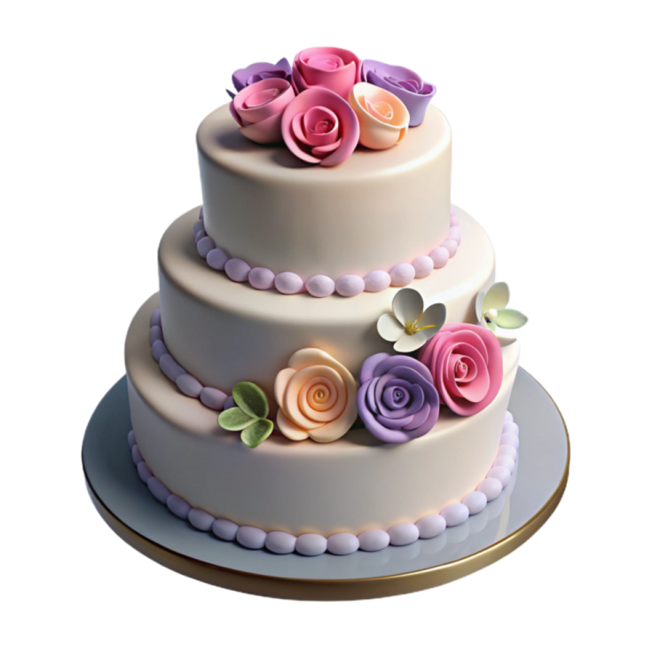a white cake with pink and purple flowers on top