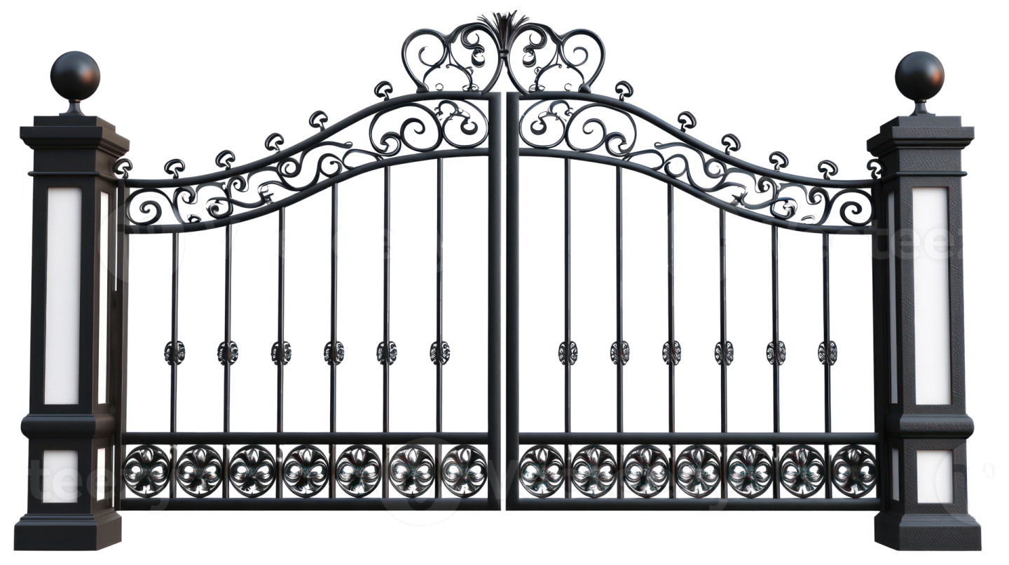 a black wrought fence with an ornate design