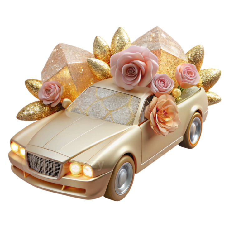 a gold car decorated with roses and bows