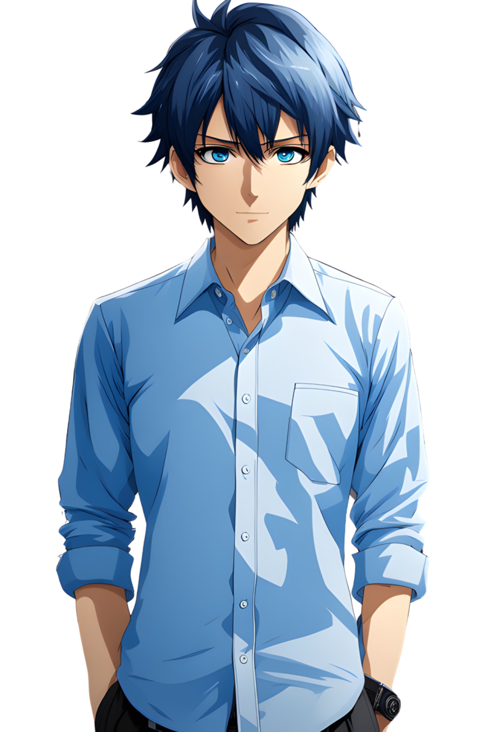 a man in a blue shirt and black pants standing with his hands on his hips