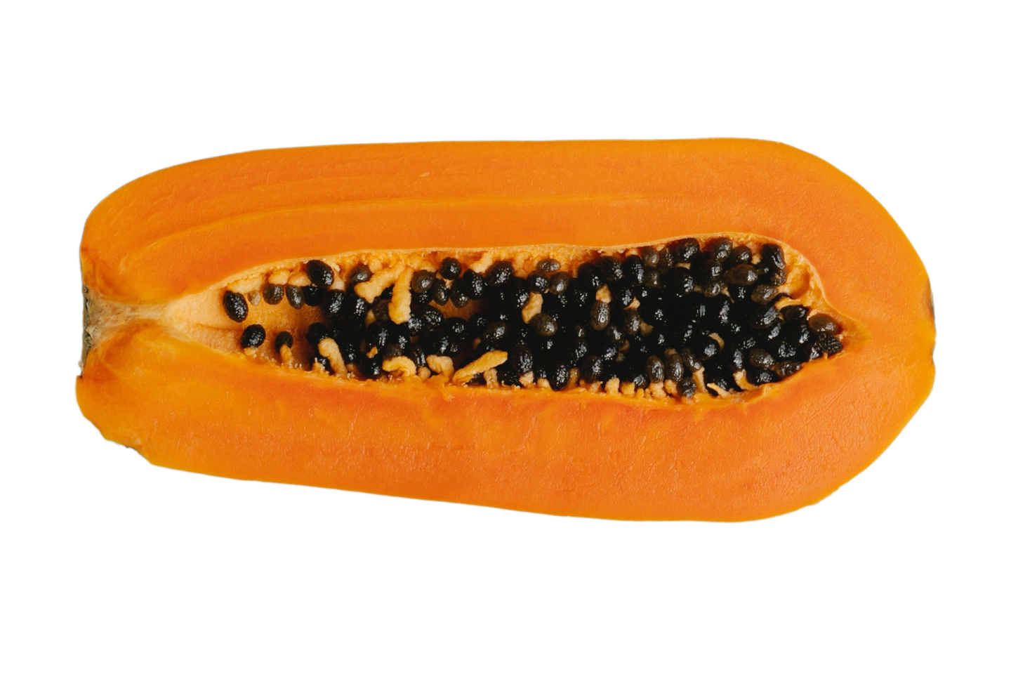 A half of a papa with seeds on it