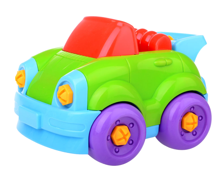 a toy car that is green, purple and red