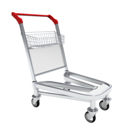 a shopping cart with a red handle