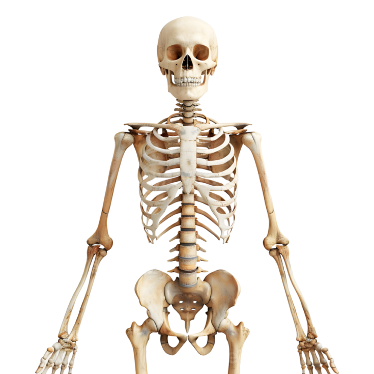 a human skeleton on a white background