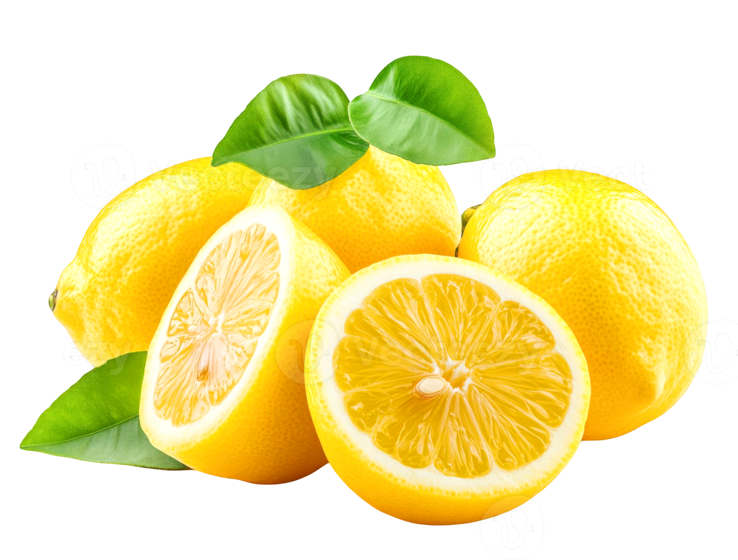 a bunch of lemons with green leaves