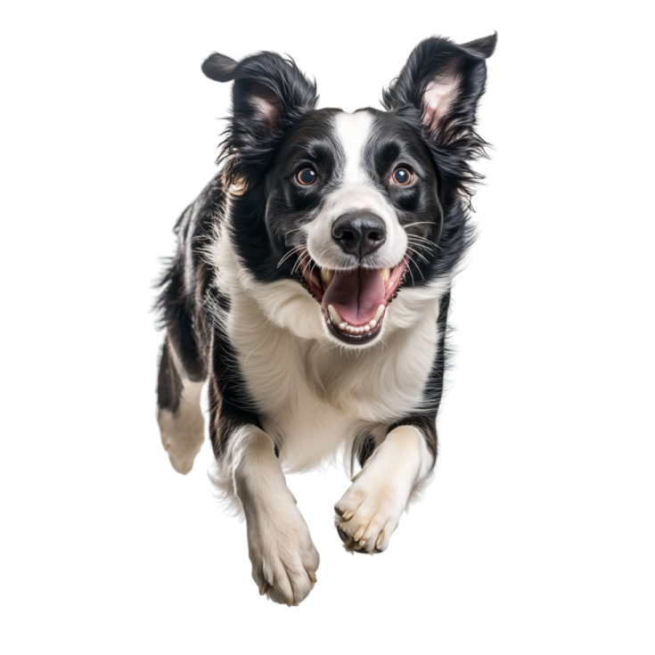 a black and white dog running through the air