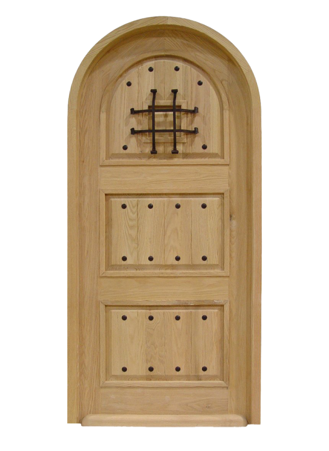 a wooden door with a cross on the top
