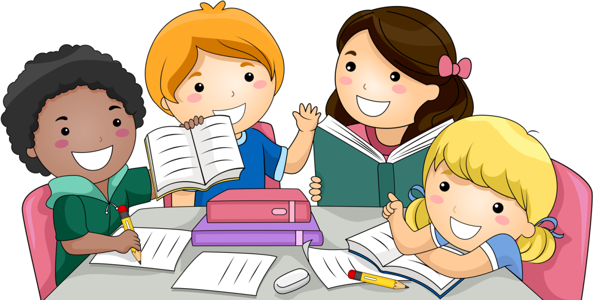 a group of children sitting around a table reading books