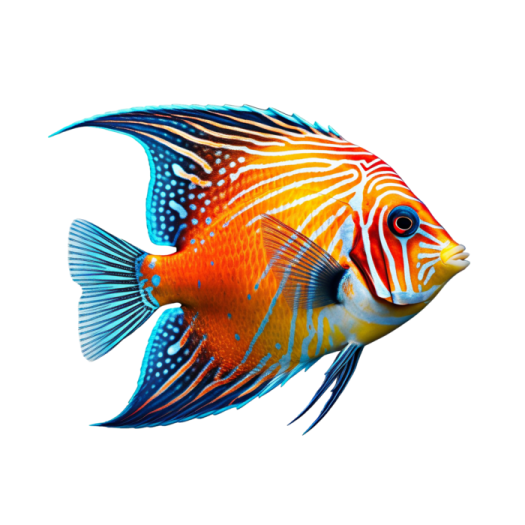 an orange and blue discus fish on a white background