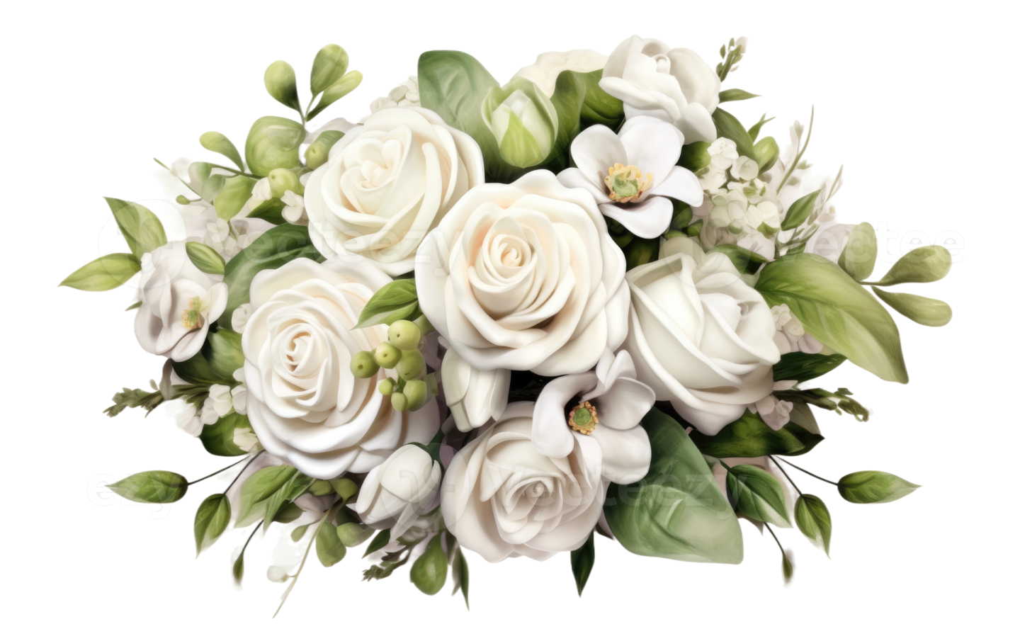 a bouquet of white roses and green leaves