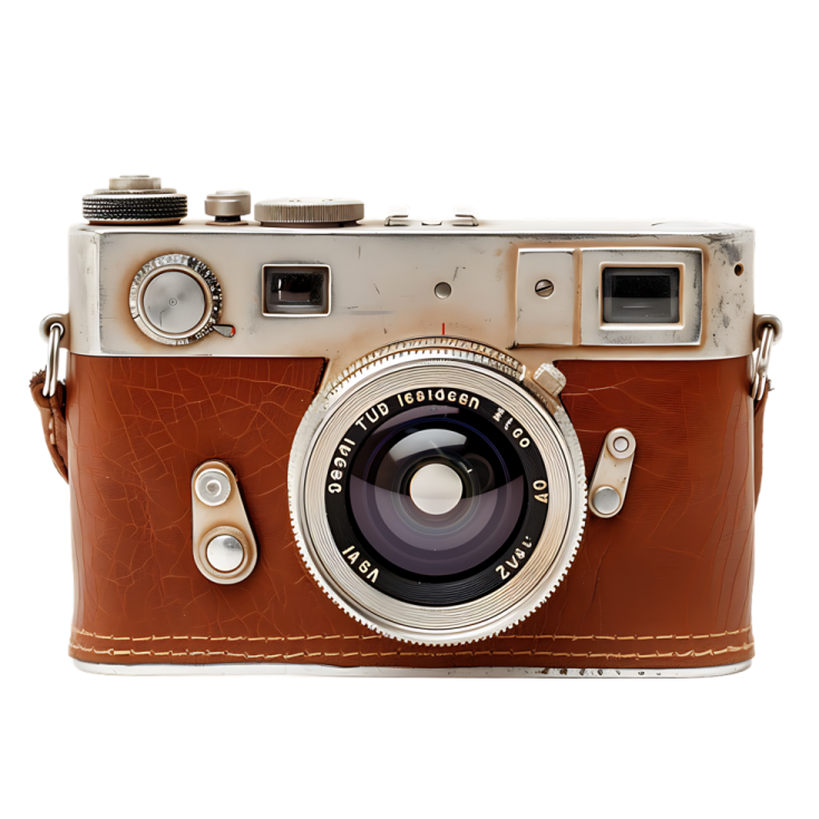 an old camera with a brown leather case