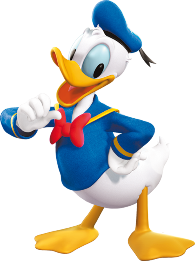 a cartoon duck in a blue suit and bow tie