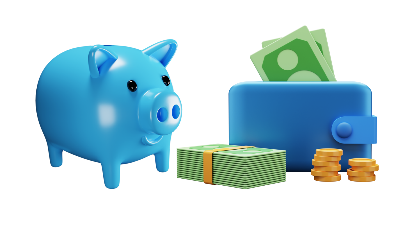 a blue pig with stacks of money next to it