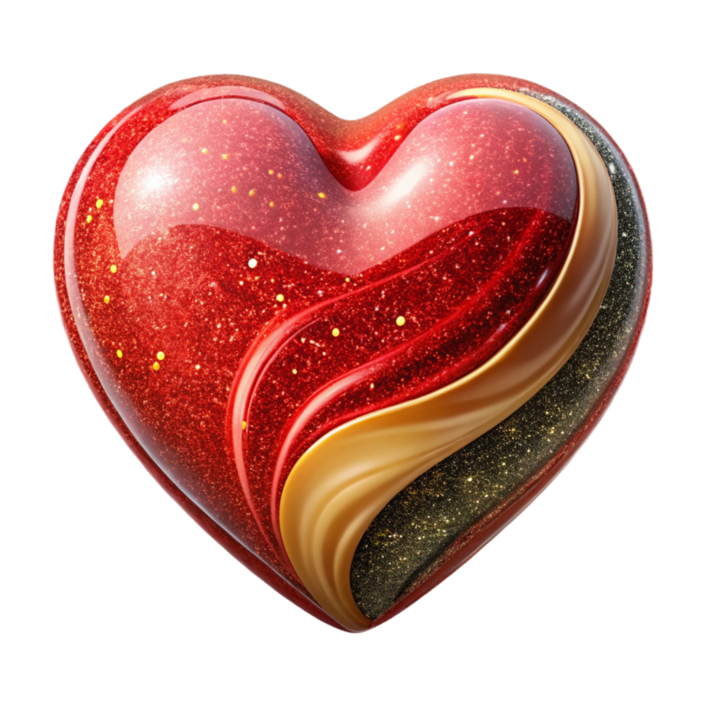 a red heart with gold glitters on it