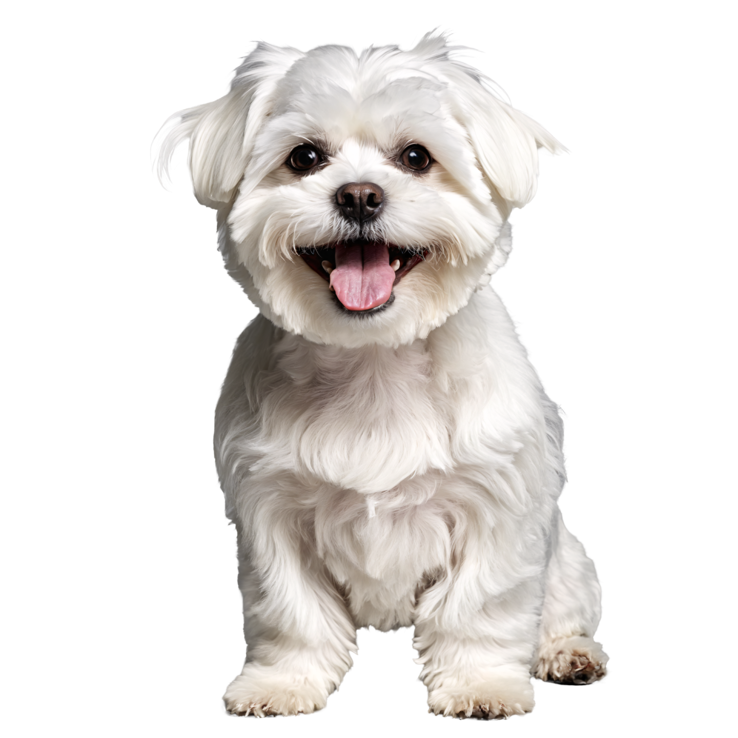 a small white dog with its tongue out