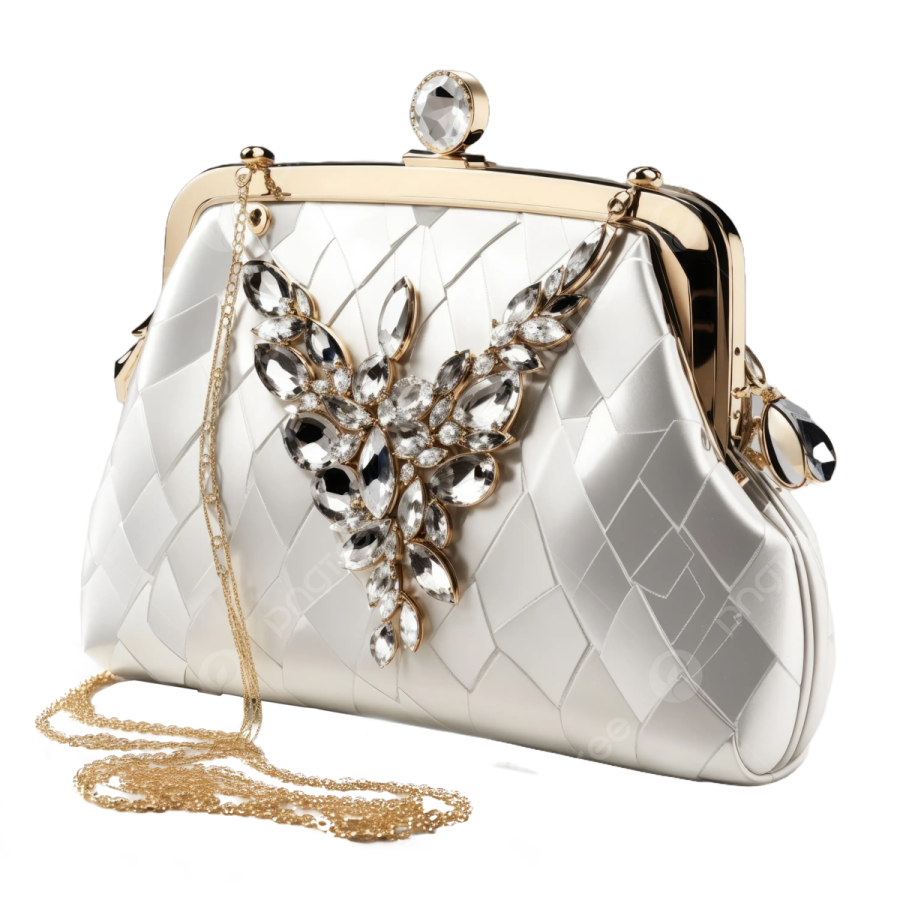 a white clutch bag with gold and crystals