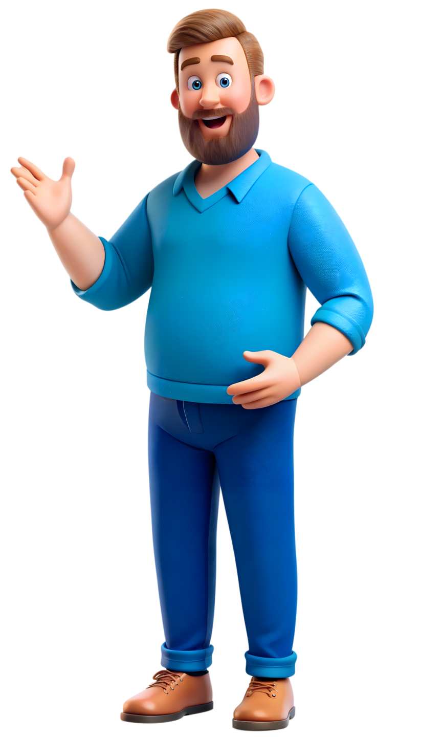 a cartoon character in a blue shirt and blue pants