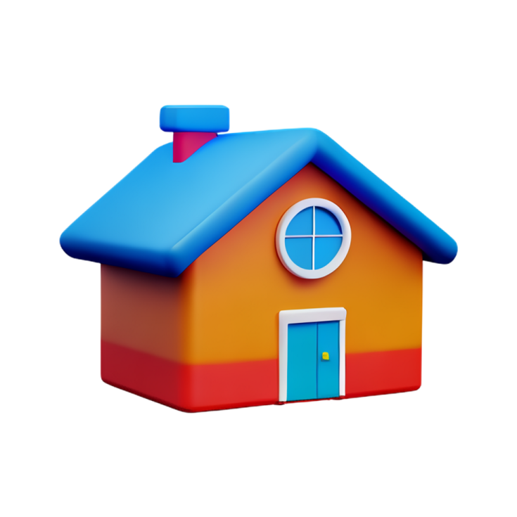 a small house with a blue door and red roof