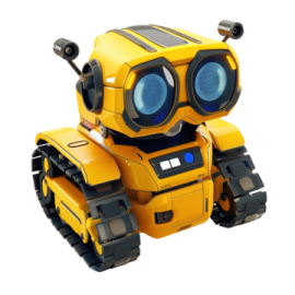 a yellow and black robot toy with blue eyes