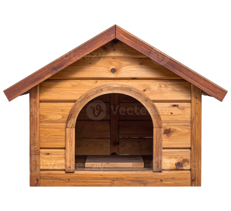 a wooden dog house on a white background