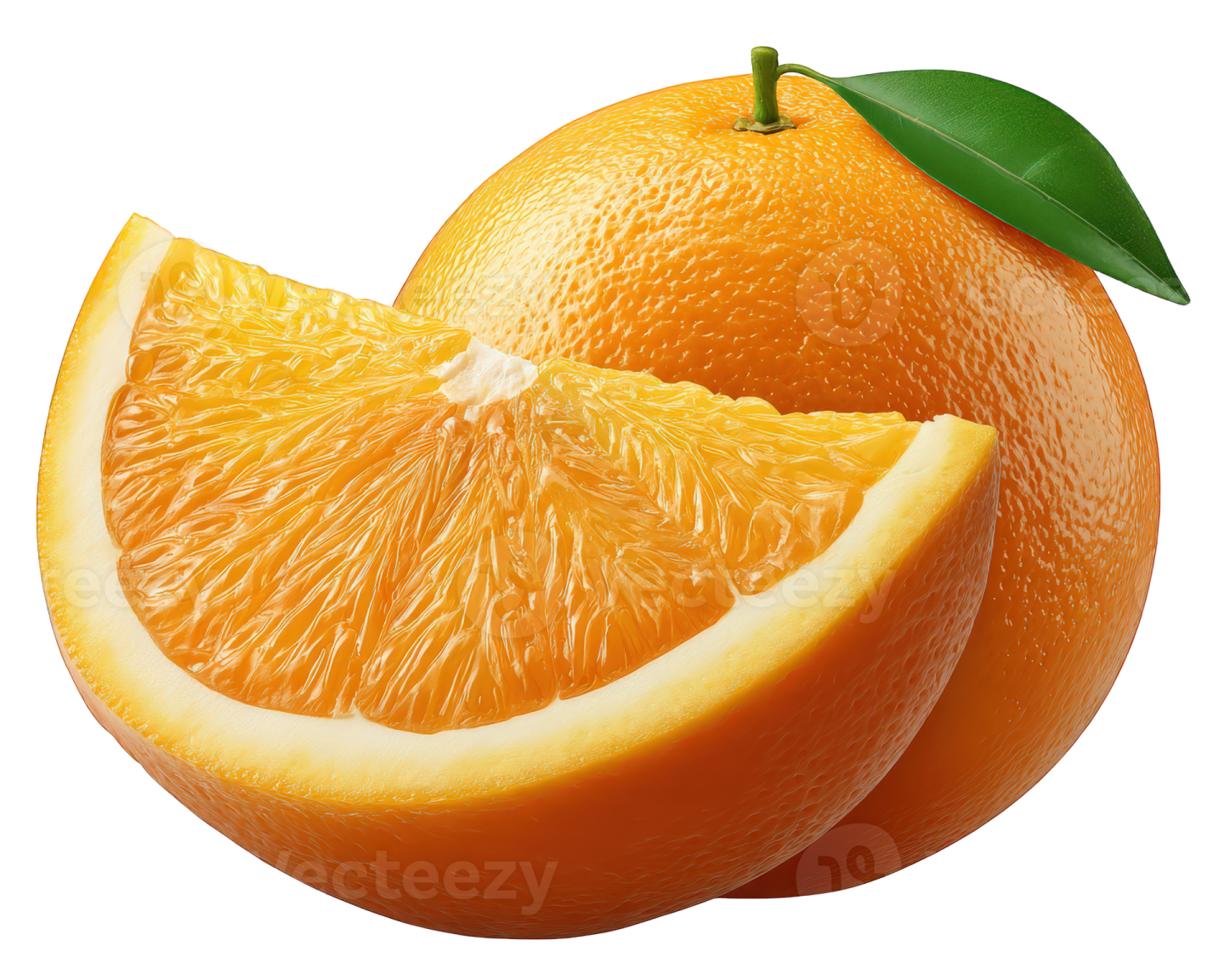 an orange cut in half with a green leaf