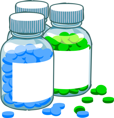 two bottles filled with blue and green pills