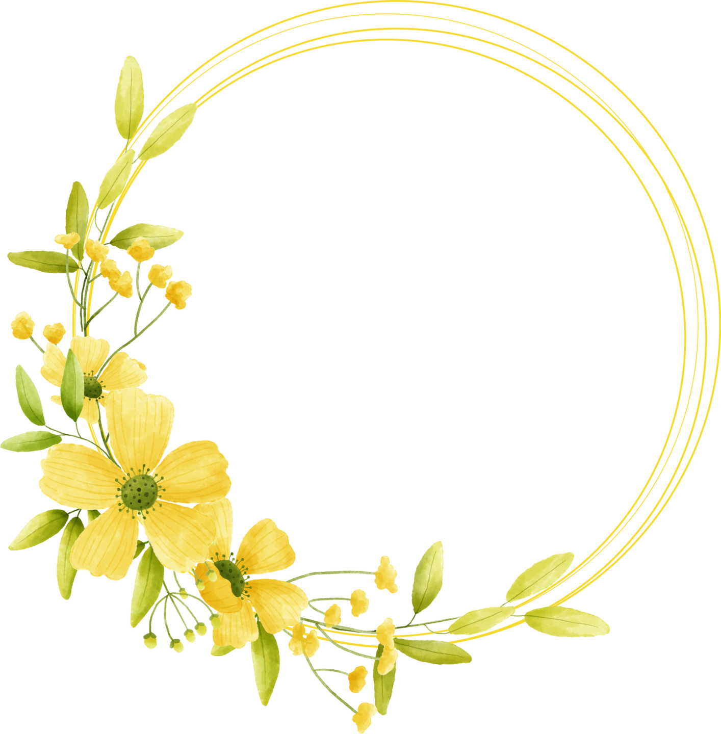 a circular frame with yellow flowers and green leaves