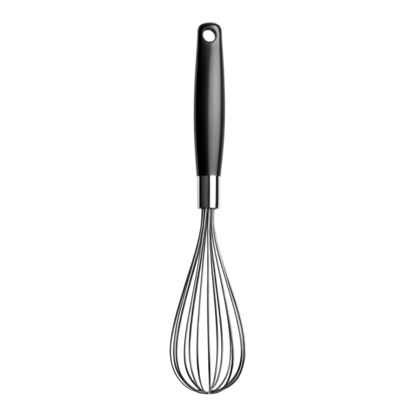 a metal whise with a black handle