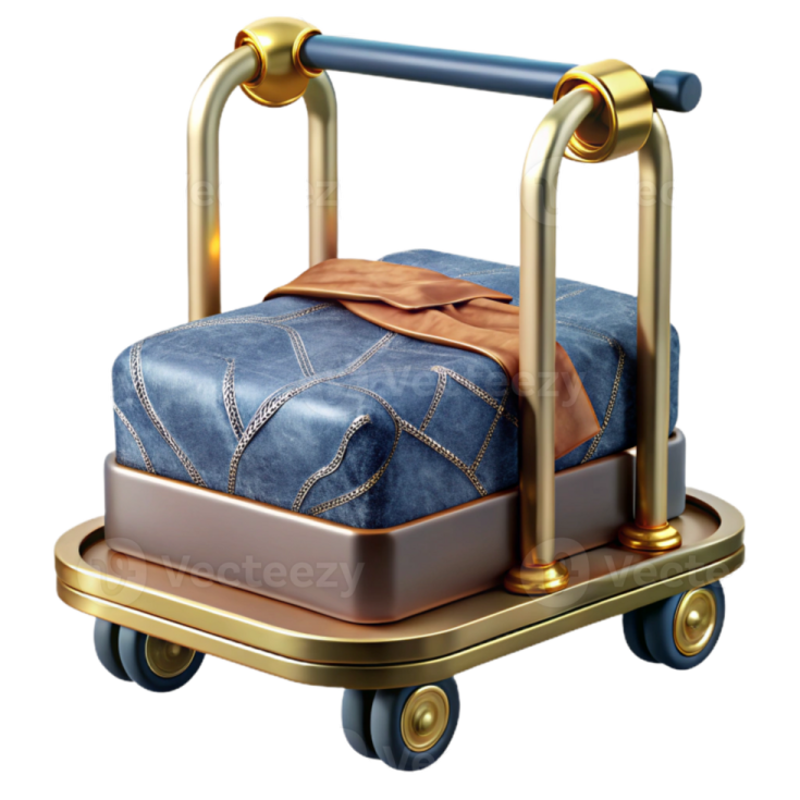 a blue suitcase with gold handles and wheels