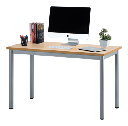 a computer desk sitting on top of a wooden table