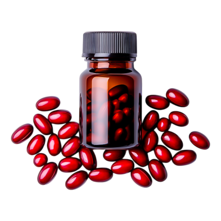 a bottle filled with red pills