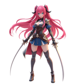 a woman with long pink hair and a sword